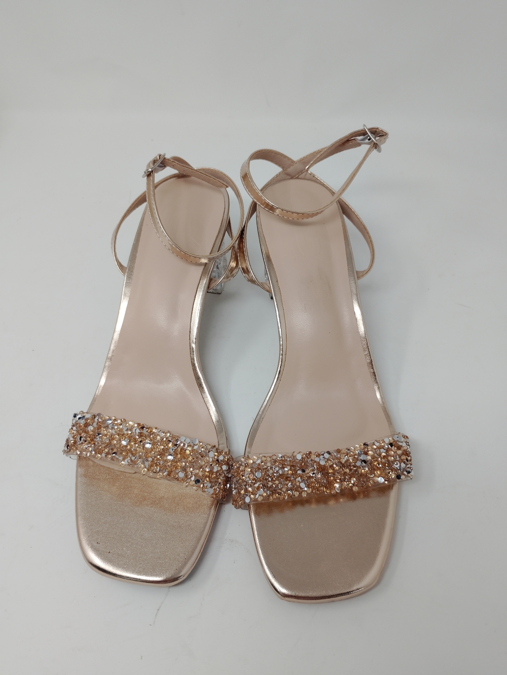 Sparkling Rose Gold Embellished Ankle-Strap Heels, Romantic, Night Out